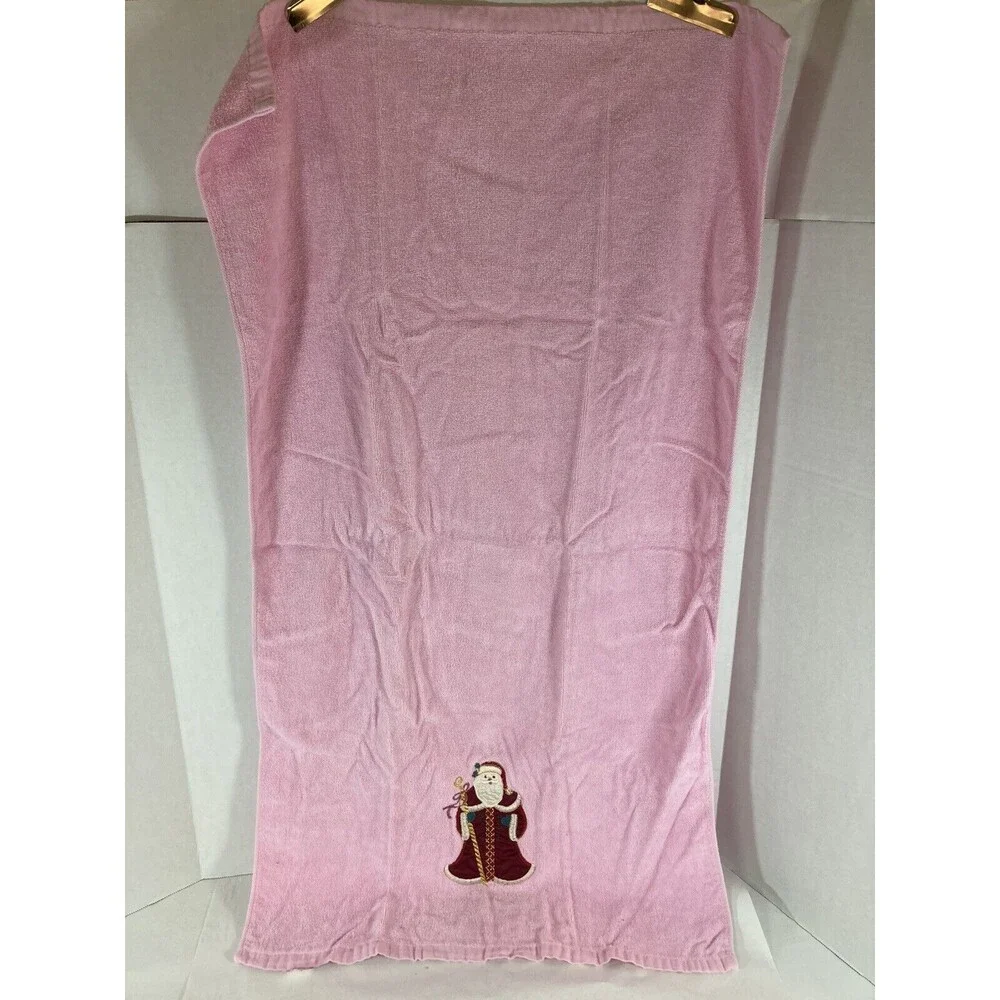Vtg Christmas Santa Towels Pink Bath & Hand Towel & Washcloth Made In Thailand